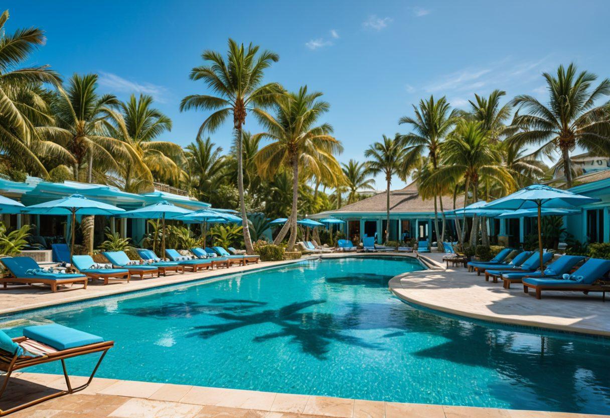 A vibrant scene depicting diverse individuals confidently enjoying a resort pool wearing stylish bathing suits that reflect various body types and tastes. Include luxurious palm trees, a bright blue sky, and a sparkling pool with lounge chairs. Emphasize joy and comfort, with playful splashes and laughter. Incorporate elements of a chic resort ambiance. super-realistic. vibrant colors. bright background.