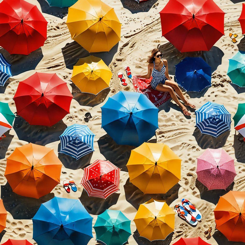 A stunning beach scene featuring a diverse group of women in the latest fashionable beachwear, showcasing a blend of trendy and timeless styles. Include colorful umbrellas, a sparkling ocean, and vibrant beach towels scattered around. The women's outfits should reflect modern prints and cuts, merging elegance with fun. Capture the joy of summer while highlighting the beauty of beach fashion. super-realistic. vibrant colors. soft focus.